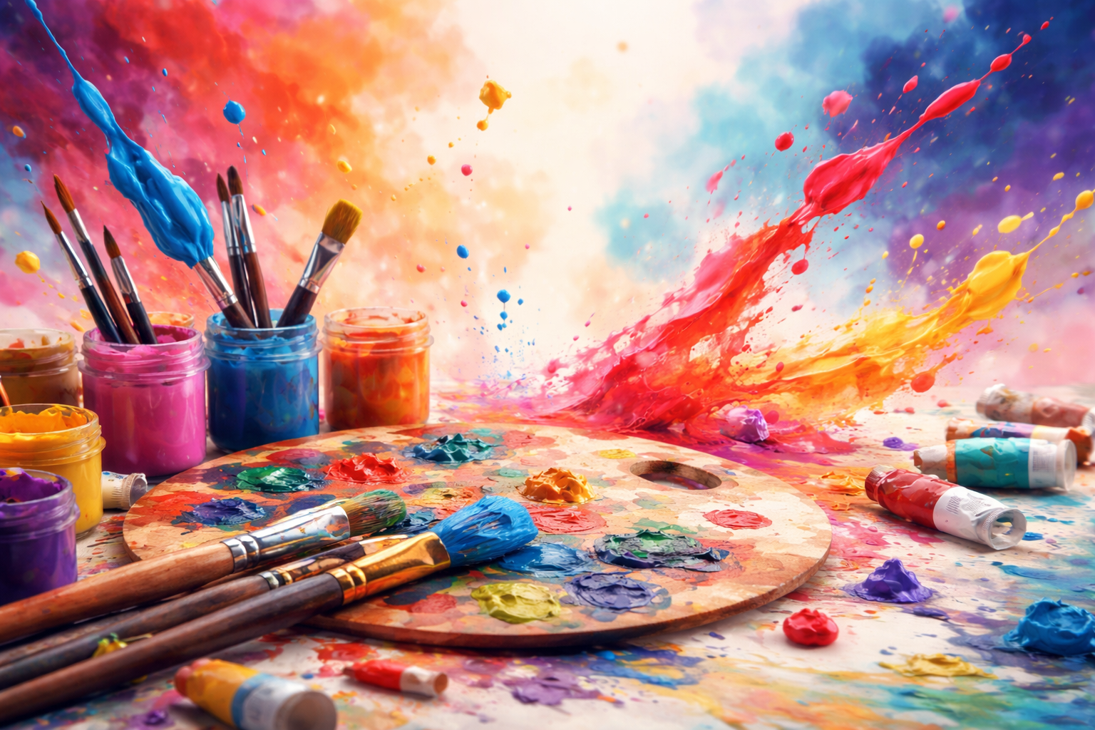 Artist painting a colourful abstract canvas in the studio